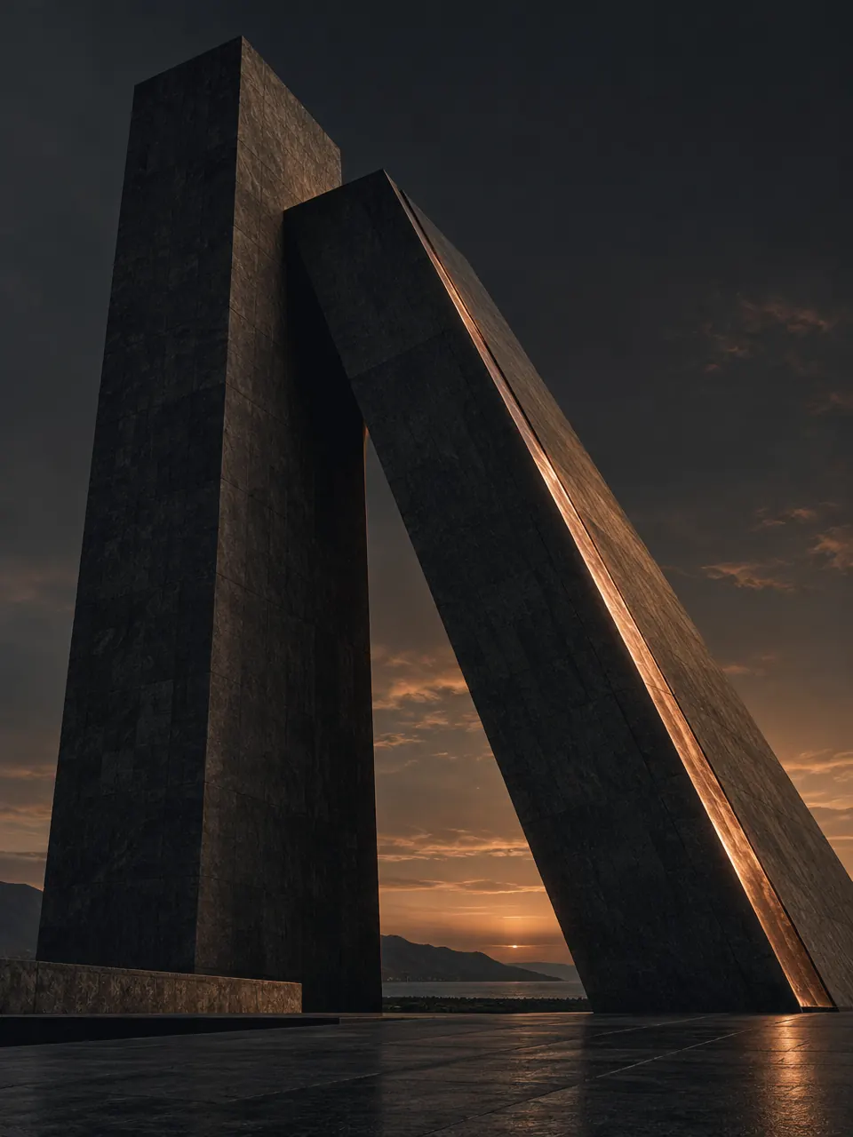 Duas lâminas monolíticas de pedra escura ao entardecer, uma apoiada na outra, com a aresta incrustada de cobre brilhando.